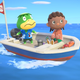 A cartoon turtle sailor ferries a passenger across the open seas.